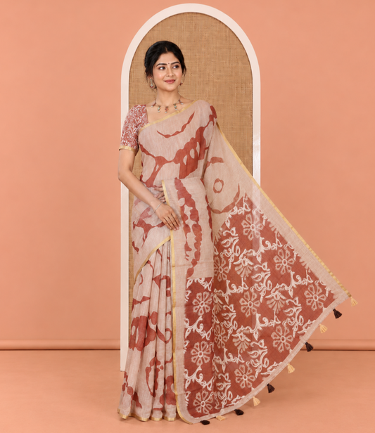 Chikku Linen Cotton Saree, Adorned with Shibori Print, Gold Piping Border, Contrast Floral Printed Pallu, and Contrast Floral Printed Blouse