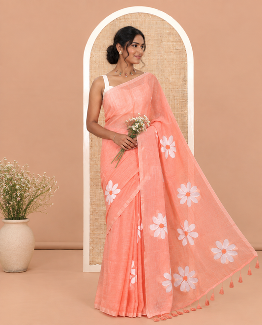 Borderless Orange Daisy Flower Printed Khadi Mul Cotton Saree Without Blouse