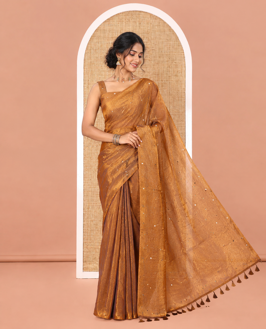 Borderless Copper Gold Fendy Chiffon Saree, Gleamed Up with Sequin Work on Its Body, Highlighted by a Self-Pallu of Sequin Work, and Paired with a Matching Blouse