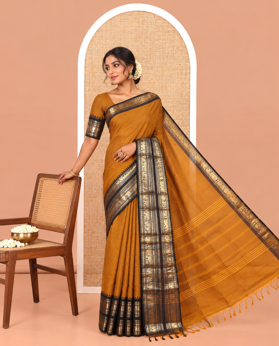 Mustard Plain Chettinad Cotton Saree, Complemented by a Contrast Rettai Pettu Temple Sliver-Sheen-Gold Zari Border of Coin, Elephant, and Peacock Designs, Subtly Striped Pallu, and Paired with a Matching Blouse