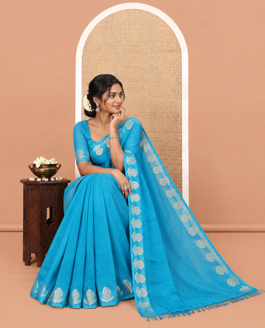 Blue Plain Moss Chiffon Saree, Highlighted by Gold Zari Floral Border, and a Self-Pallu