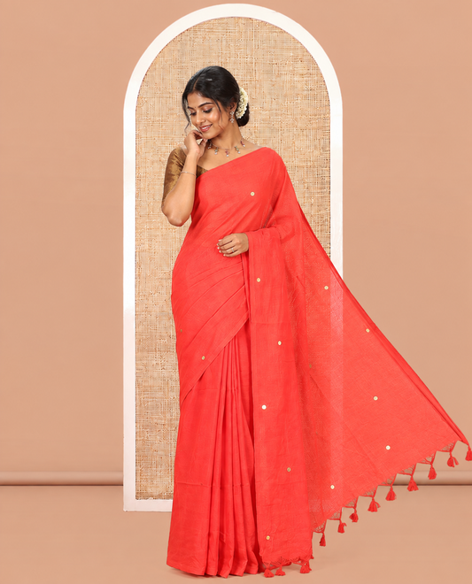 Borderless Red Khadi Cotton Saree