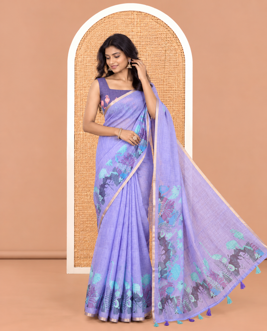 Lavender Plain Linen Cotton Saree