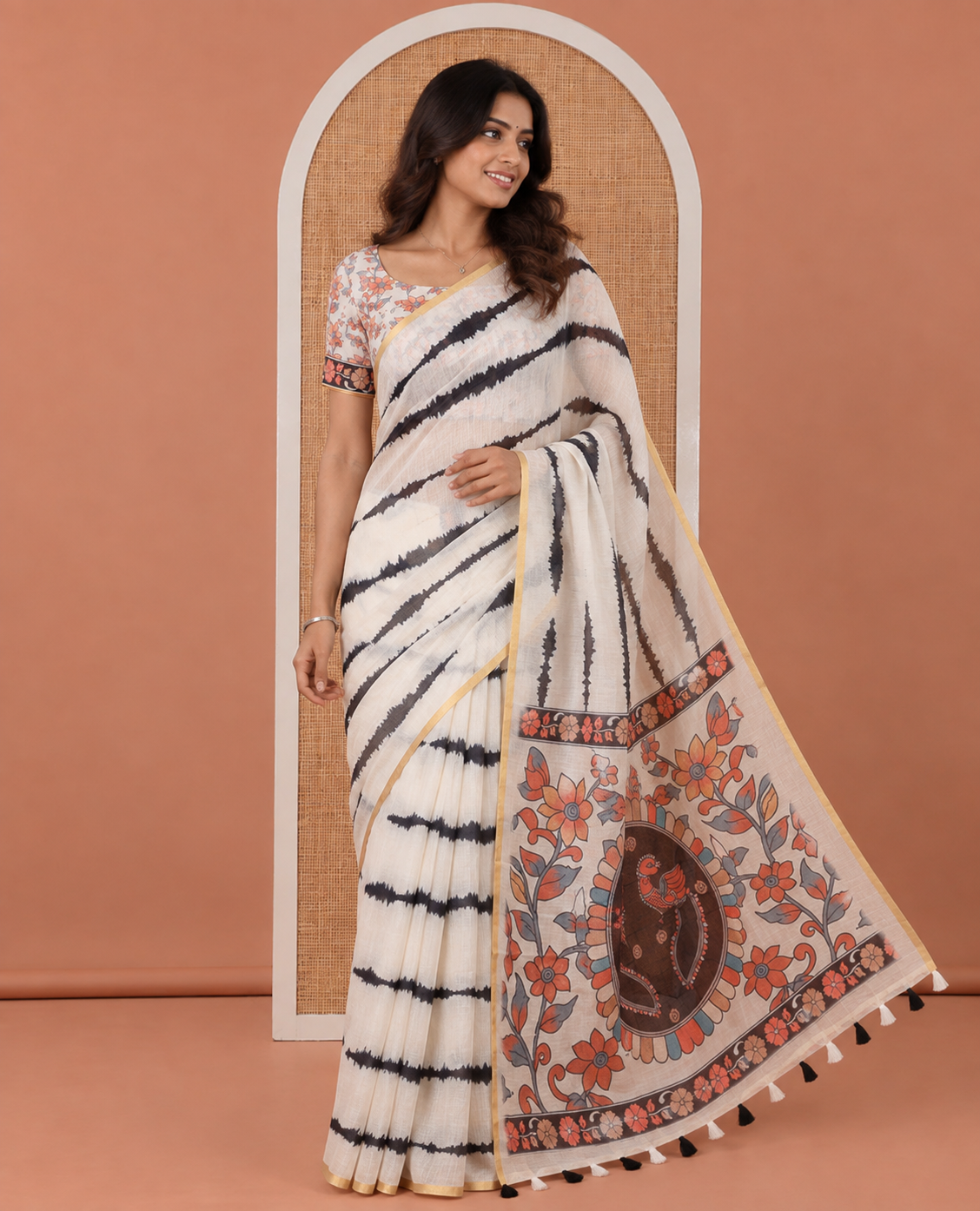 Cream Linen Cotton Saree, Adorned with Shibori Print, a Zari Piping Border, Floral-Peacock Motif Printed Pallu, and Matching Blouse