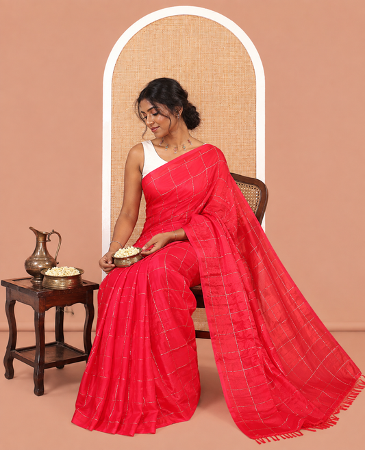 Borderless Red Fendi Chiffon Saree, Elevated with Checks, a Self-Pallu, and No Blouse
