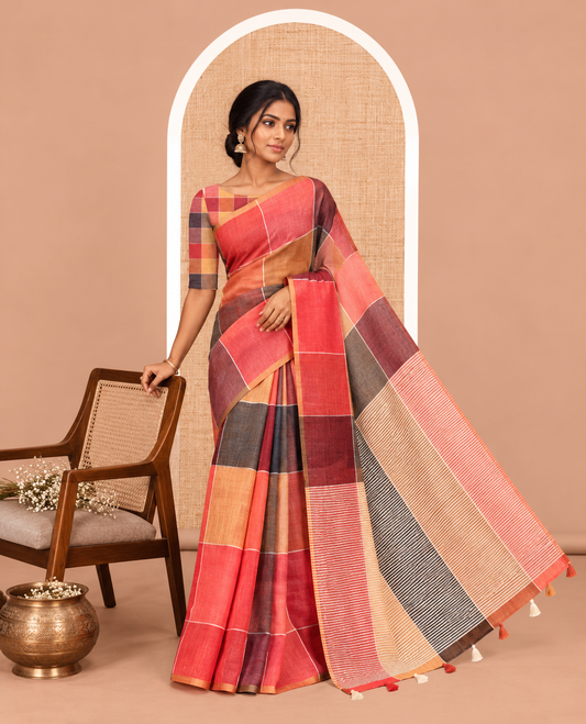 Multi-Color Big Checked Design Linen Cotton Saree, a Zari Piping Border Striped Pallu, and a Matching Blouse