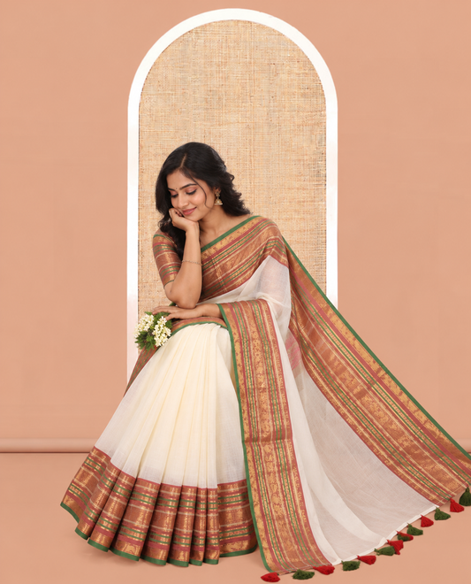 Cream Plain Khadi Mul Cotton Saree