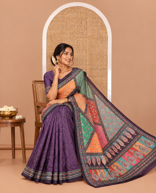 Purple geometric and paisleys printed with mirror work masakali saree, self-border, printed and mirror work pallu, and a matching blouse