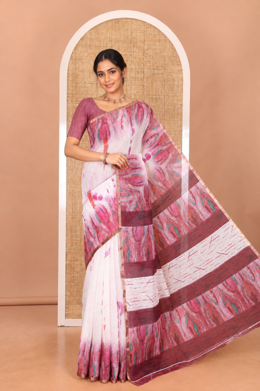White-Magenta Linen Cotton Saree, Adorned with Shibori Print, Complemented by a Contrast-Printed Border and a Contrast Blouse