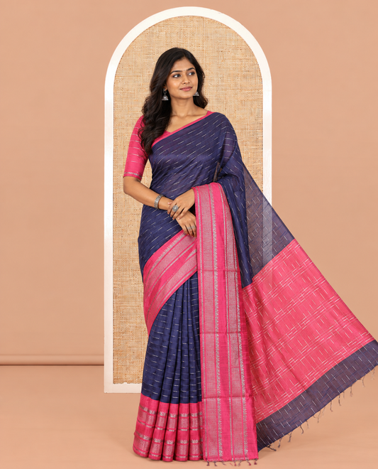 Navy Blue-Pink Semi-Raw Silk Saree, Subtly Sparkled with Thread Stripes, a Contrast Traditional Zari Border, Checked Pallu, and a Contrast Blouse