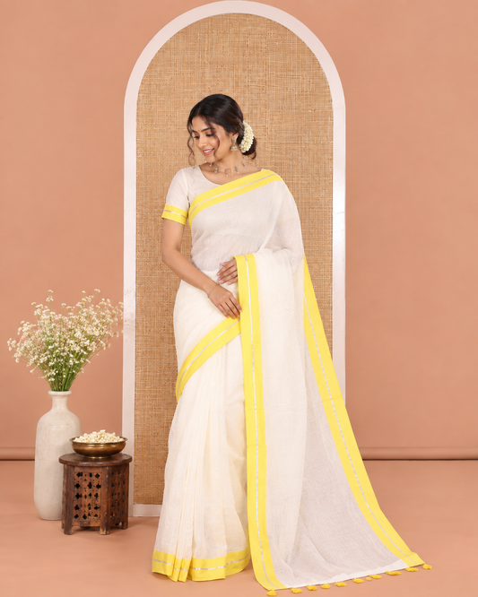 Cream and Yellow Plain Khadi Mul Cotton Saree, Complemented by Contrast Horizontal Striped Border, Plain Pallu, and Paired with a Matching Blouse