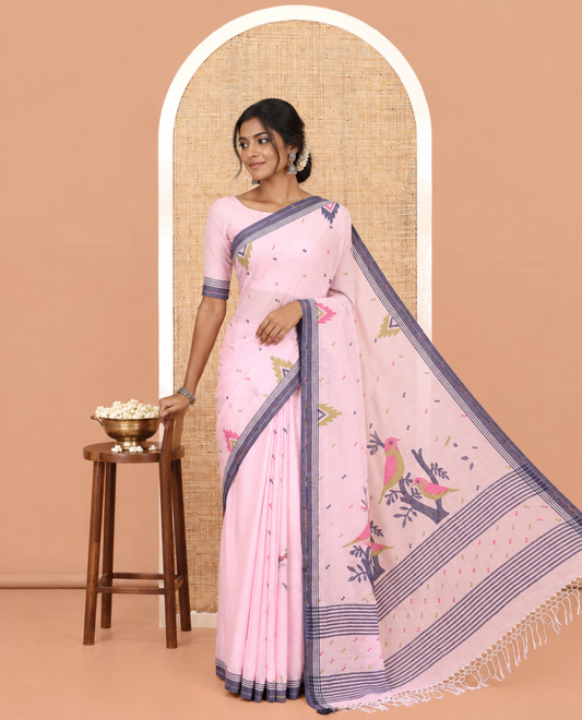 Pink Khadi Mul Cotton Saree Features Buttas, Contrast Temple Border, Jhamdani Floral-Bird Woven Pallu, and a Matching Blouse