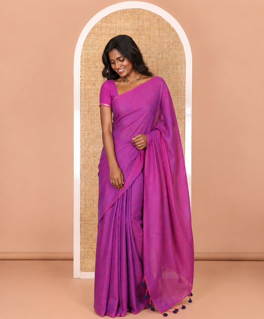 Borderless Violet Plain Khadi Mul Cotton Saree Features a Self-Pallu with Tassels, and a Matching Blouse