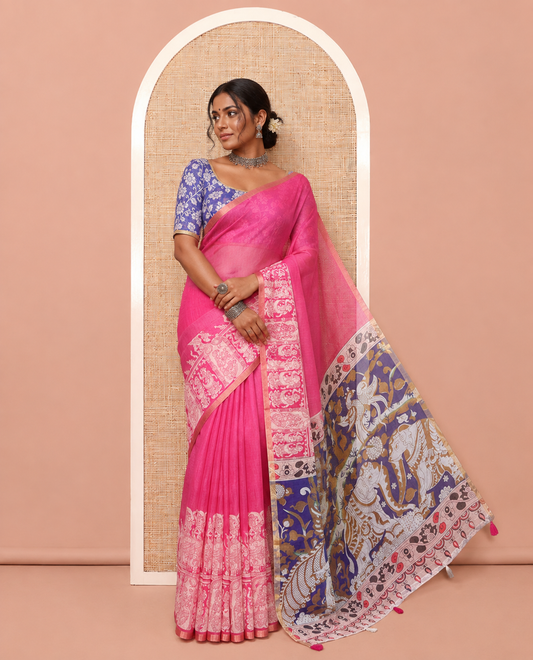 Pink Linen Cotton Saree Features Kalamkari-Style Human Motifs Print, a Piping Border, Contrast Printed Pallu, and Contrast Blouse