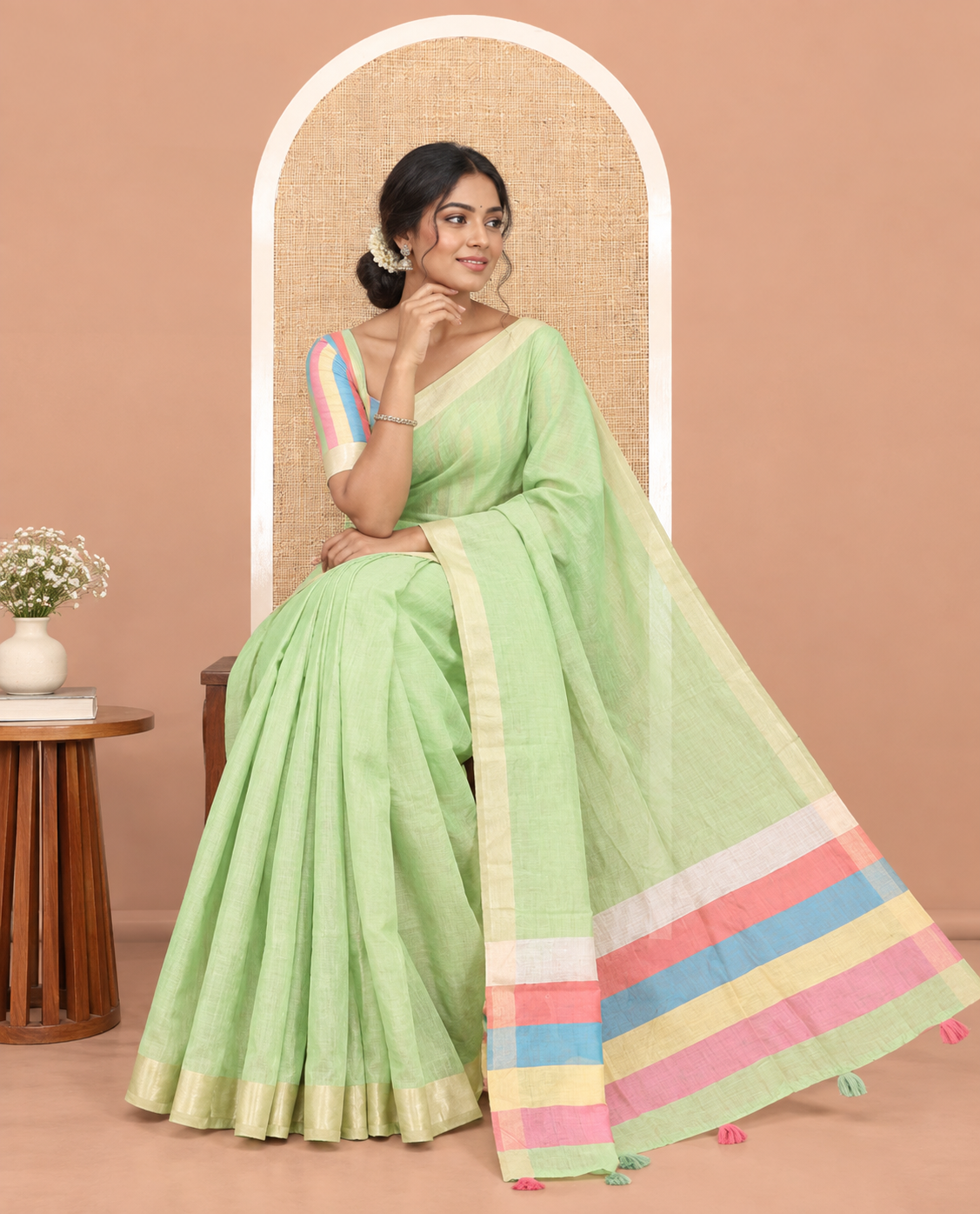 Green Plain Semi-Tussar Saree, a Zari Border, Multi-Colored Striped Pallu, and a Contrast Blouse
