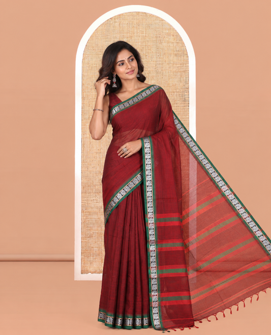 Maroon Plain Mercerized Cotton Saree, a Contrast Peacock Temple Thread Border, Striped Pallu, and a Matching Blouse