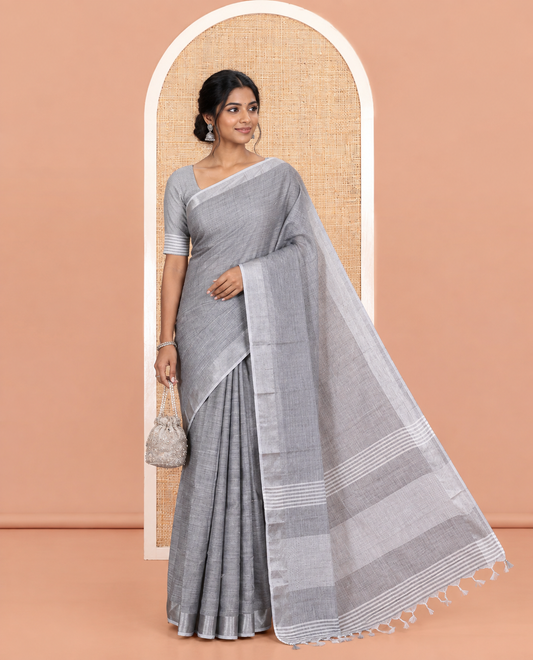 Grey Plain Linen-Cotton Saree, a Zari Border, Striped Pallu, and a Matching Blouse