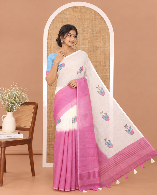 Borderless Cream and Pink Linen Cotton Saree, Bedecked with Half-and-Half Style Fish Motifs Printed All Over Its Body, Pallu Mirrors the Same Print, and Is Paired with a Contrast Blouse