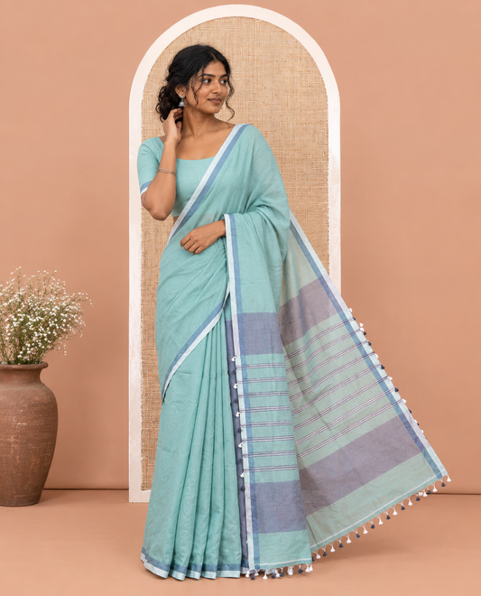 Dusky Green Plain Khadi Mul Cotton Saree, a Contrast Satin Border, Striped Pallu, and a Plain Blouse