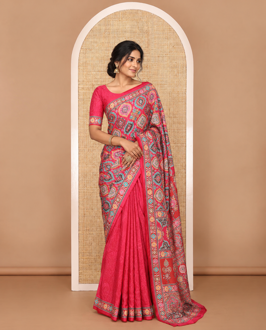 Reddish pink half-&-half colorful geometric print & mirror embroidery masakali saree,printed border & pallu,plain blouse