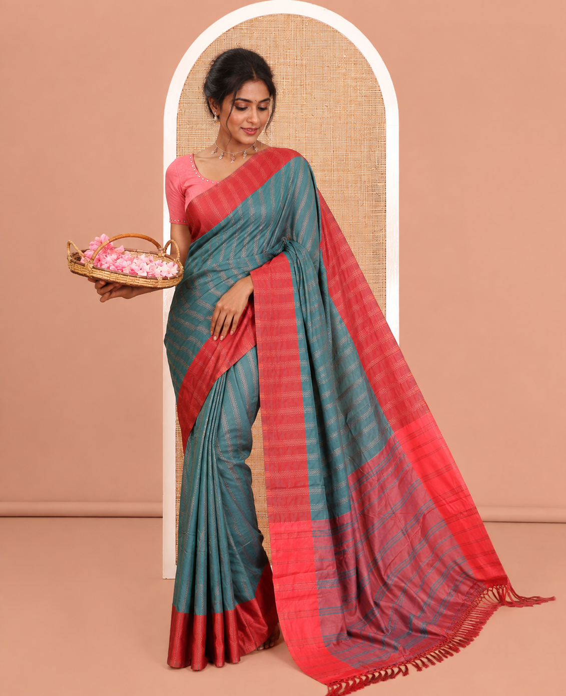 Peacock Green  Semi-Soft Silk Saree, Elevated with Chevron Stripes, Complemented by a Contrast Zari Striped Border, and a Contrast Blouse