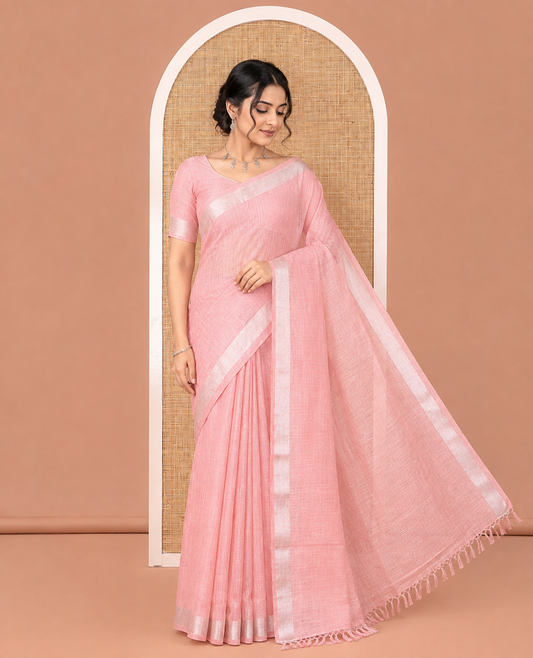 Peach Linen Zari Cotton Saree, Gleamed Up with Zari Stripes All Over Its Body, a Subtle Zari Border, a Self-Pallu, and Comes Without a Blouse