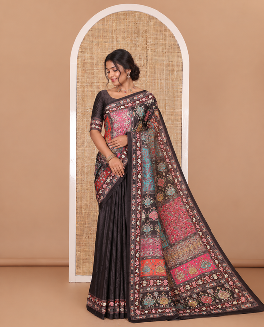 Black base kaleidoscopic colored floral-paisleys printed and mirror work masakali saree, printed border, printed and mirror work pallu, and a matching printed blouse