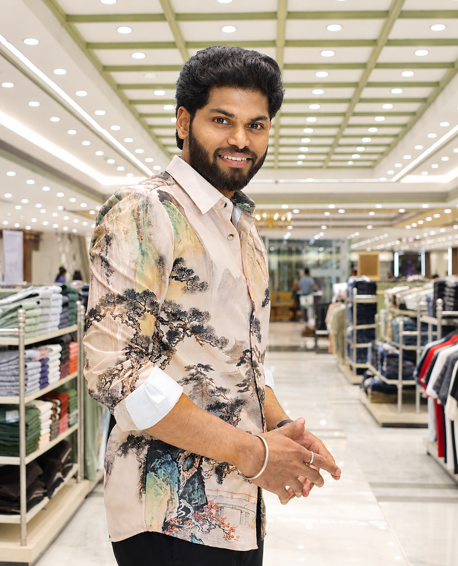 Cream Cotton-Blended Casual Shirt, Creatively Designed with a Forest-Themed Tree House Print, Featuring a Spread Collar, Full Sleeves, Slim Fit, and Regular Length