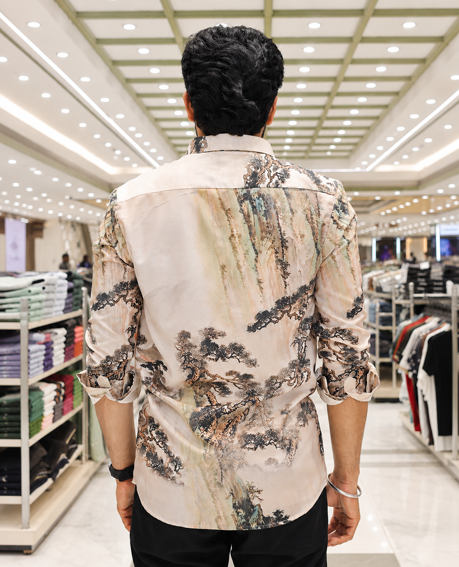Cream Cotton-Blended Casual Shirt, Creatively Designed with a Forest-Themed Tree House Print, Featuring a Spread Collar, Full Sleeves, Slim Fit, and Regular Length