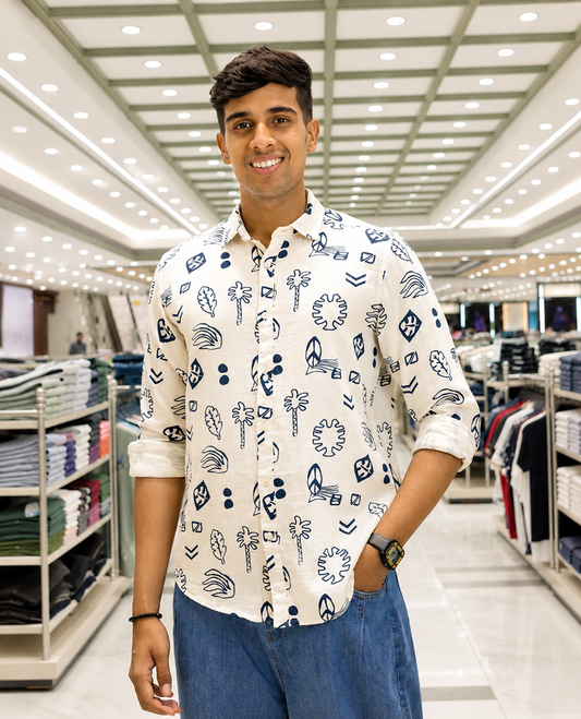 Cream-Blue Cotton-Blended Casual Shirt, Uniquely Printed with Tropical Flora-Theme Motifs, Featuring a Spread Collar, Full Sleeves, Slim Fit, and Regular Length