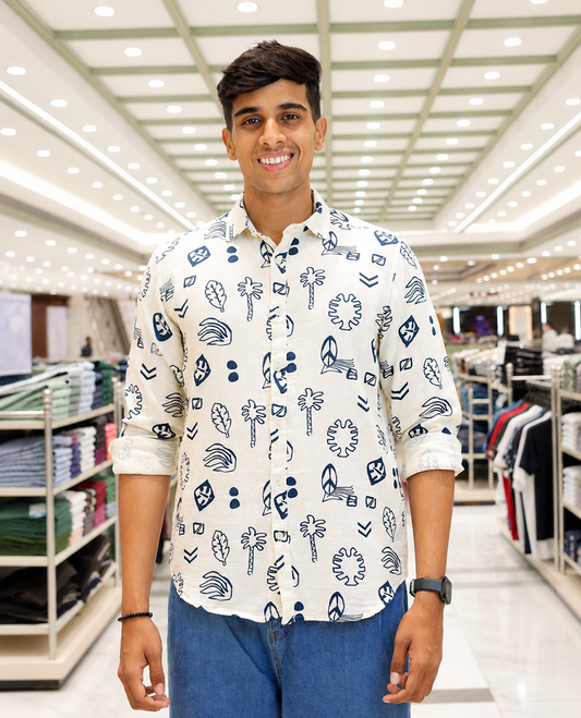 Cream-Blue Cotton-Blended Casual Shirt, Uniquely Printed with Tropical Flora-Theme Motifs, Featuring a Spread Collar, Full Sleeves, Slim Fit, and Regular Length