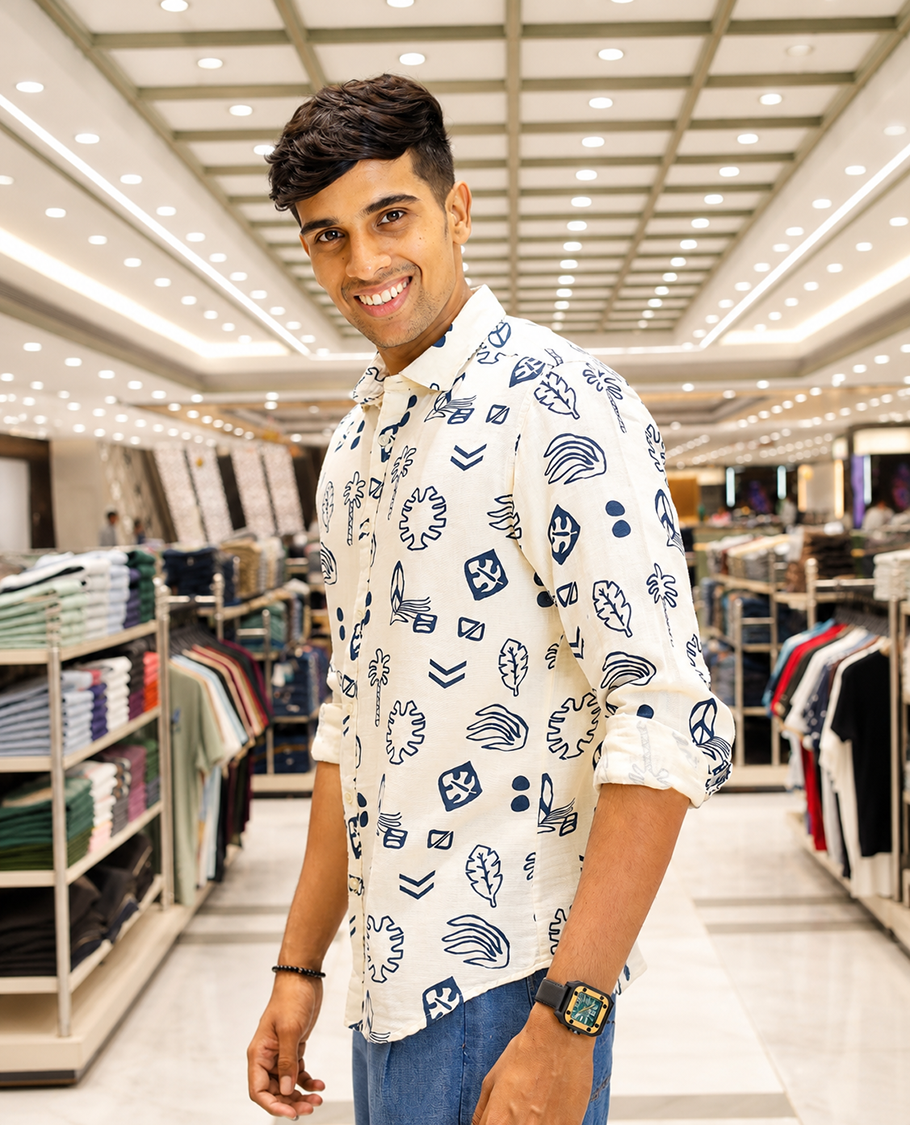 Cream-Blue Cotton-Blended Casual Shirt, Uniquely Printed with Tropical Flora-Theme Motifs, Featuring a Spread Collar, Full Sleeves, Slim Fit, and Regular Length
