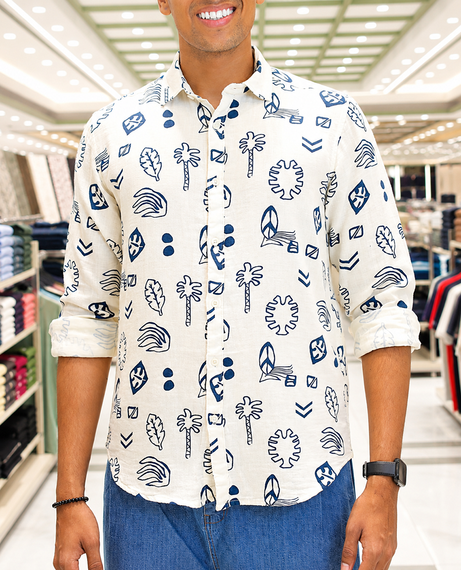 Cream-Blue Cotton-Blended Casual Shirt, Uniquely Printed with Tropical Flora-Theme Motifs, Featuring a Spread Collar, Full Sleeves, Slim Fit, and Regular Length