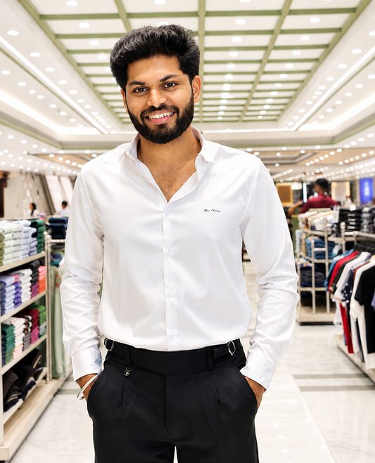 White Solid Satin Formal Shirt, Featuring a Spread Collar, Full Sleeves, Slim Fit, and Regular Length
