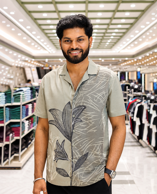 Grey Cotton-Blended Casual Shirt, Beautified with Flora-Geometric Motifs Print and Embroidery, Featuring a Cuban Collar, Half Sleeves, Slim Fit, and Regular Length