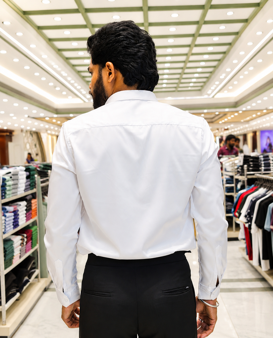 White Solid Satin Formal Shirt, Featuring a Spread Collar, Full Sleeves, Slim Fit, and Regular Length