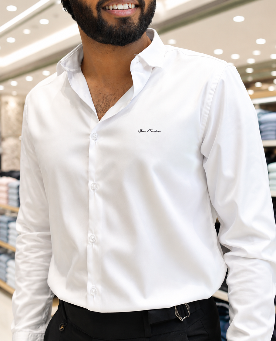 White Solid Satin Formal Shirt, Featuring a Spread Collar, Full Sleeves, Slim Fit, and Regular Length
