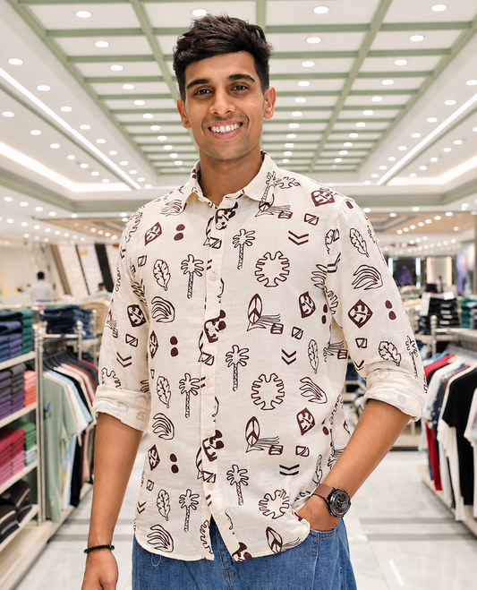 Cream-Brown Cotton-Blended Casual Shirt, Uniquely Printed with Tropical Flora-Theme Motifs, Featuring a Spread Collar, Full Sleeves, Slim Fit, and Regular Length