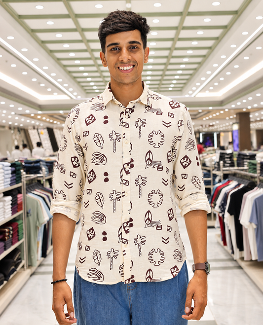 Cream-Brown Cotton-Blended Casual Shirt, Uniquely Printed with Tropical Flora-Theme Motifs, Featuring a Spread Collar, Full Sleeves, Slim Fit, and Regular Length