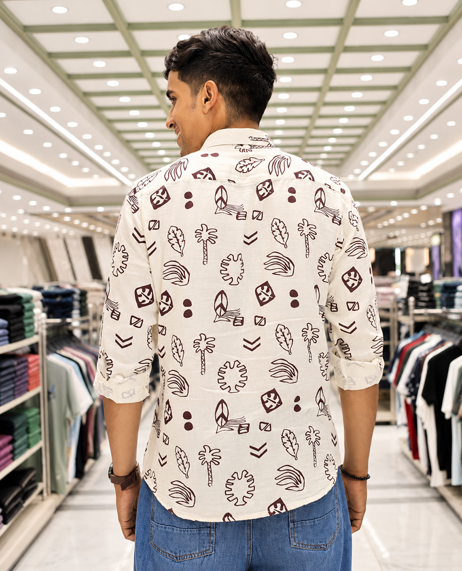 Cream-Brown Cotton-Blended Casual Shirt, Uniquely Printed with Tropical Flora-Theme Motifs, Featuring a Spread Collar, Full Sleeves, Slim Fit, and Regular Length
