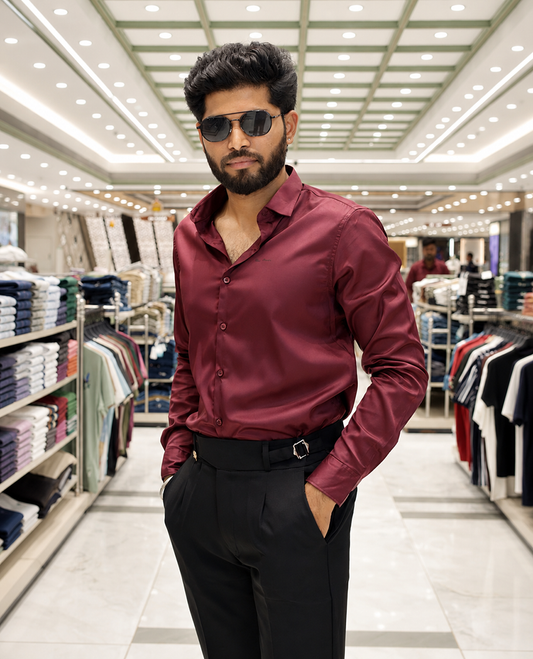 Maroon Solid Satin Formal Shirt, Featuring a Spread Collar, Full Sleeves, Slim Fit, and Regular Length