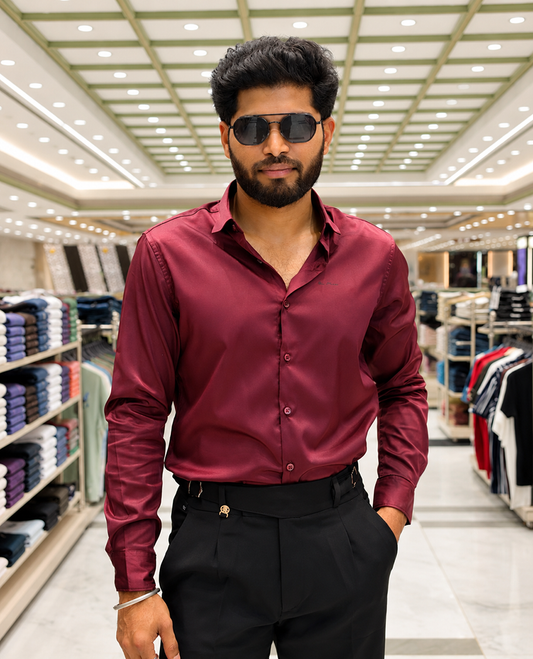 Maroon Solid Satin Formal Shirt, Featuring a Spread Collar, Full Sleeves, Slim Fit, and Regular Length