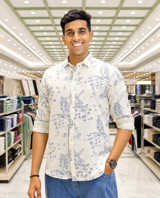 Cream-Blue Cotton-Blended Casual Shirt, with Flora and Windmill Prints, Featuring a Spread Collar, Full Sleeves, Slim Fit, and Regular Length