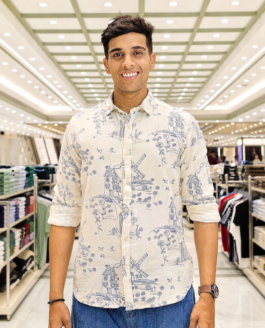 Cream-Blue Cotton-Blended Casual Shirt, with Flora and Windmill Prints, Featuring a Spread Collar, Full Sleeves, Slim Fit, and Regular Length