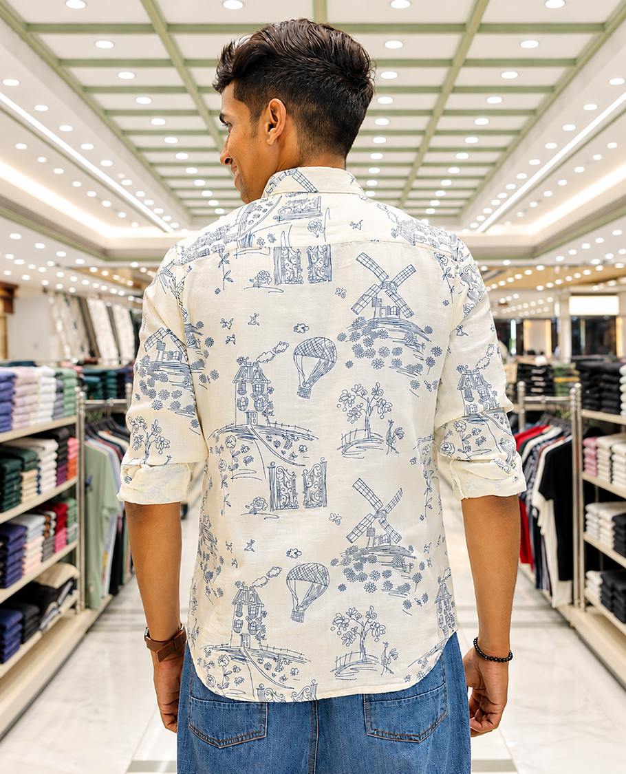 Cream-Blue Cotton-Blended Casual Shirt, with Flora and Windmill Prints, Featuring a Spread Collar, Full Sleeves, Slim Fit, and Regular Length