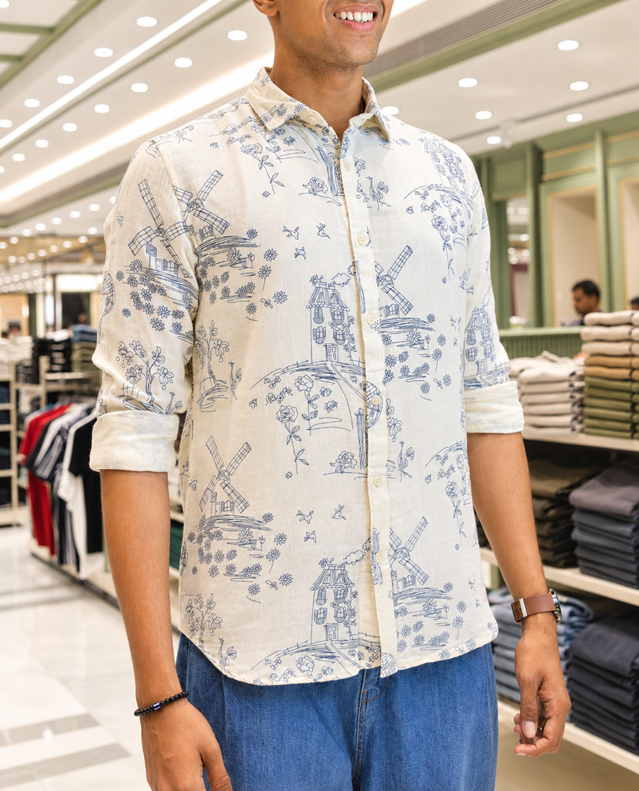 Cream-Blue Cotton-Blended Casual Shirt, with Flora and Windmill Prints, Featuring a Spread Collar, Full Sleeves, Slim Fit, and Regular Length