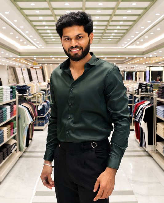 Green Solid Satin Formal Shirt, Featuring a Spread Collar, Full Sleeves, Slim Fit, and Regular Length