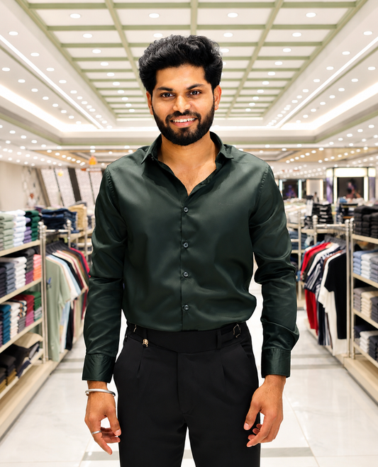 Green Solid Satin Formal Shirt, Featuring a Spread Collar, Full Sleeves, Slim Fit, and Regular Length