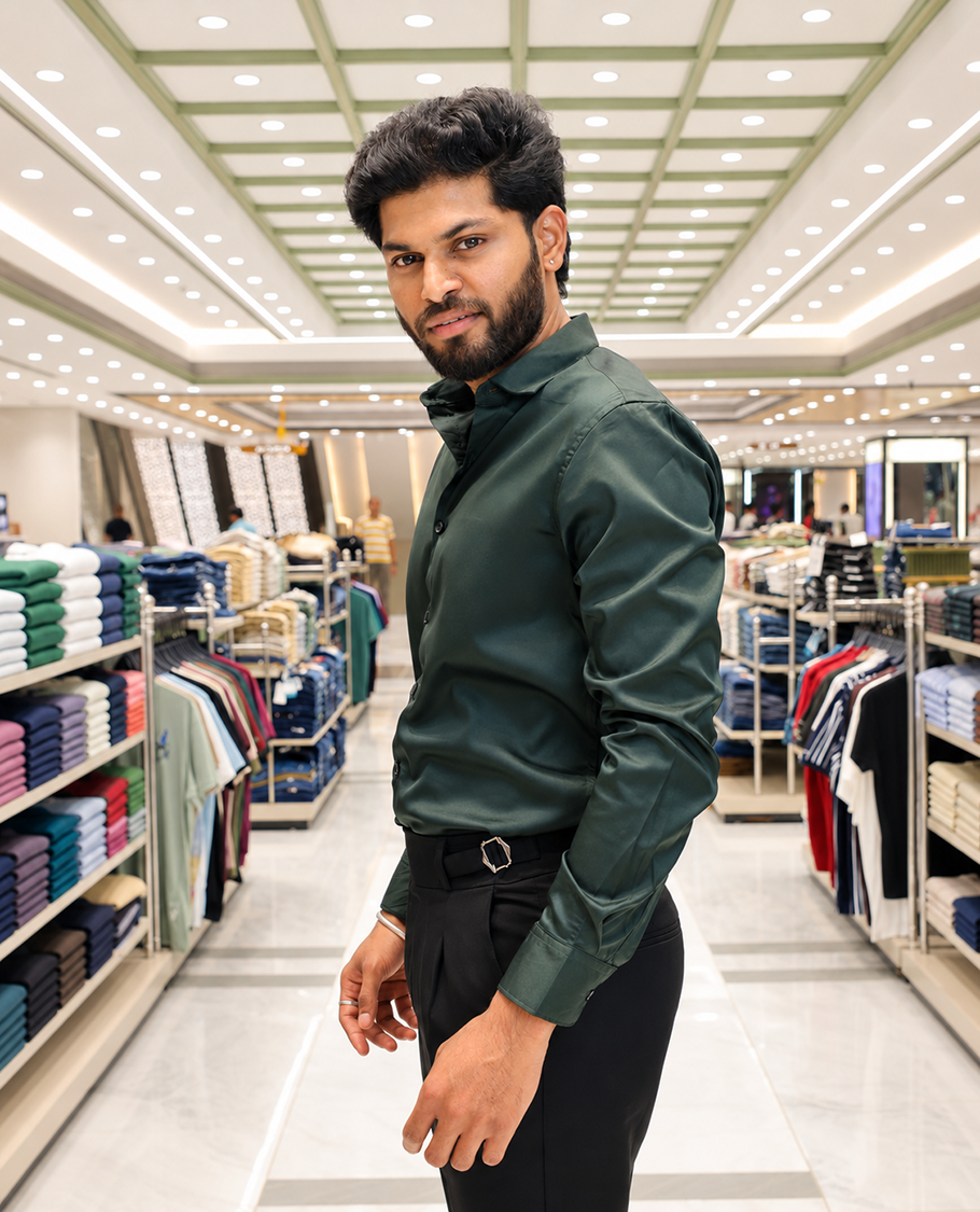Green Solid Satin Formal Shirt, Featuring a Spread Collar, Full Sleeves, Slim Fit, and Regular Length