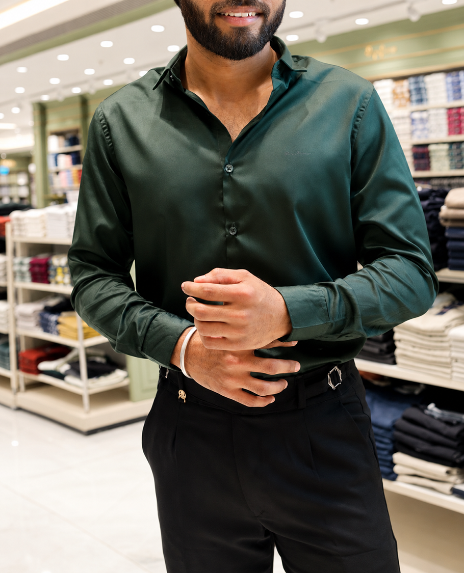 Green Solid Satin Formal Shirt, Featuring a Spread Collar, Full Sleeves, Slim Fit, and Regular Length
